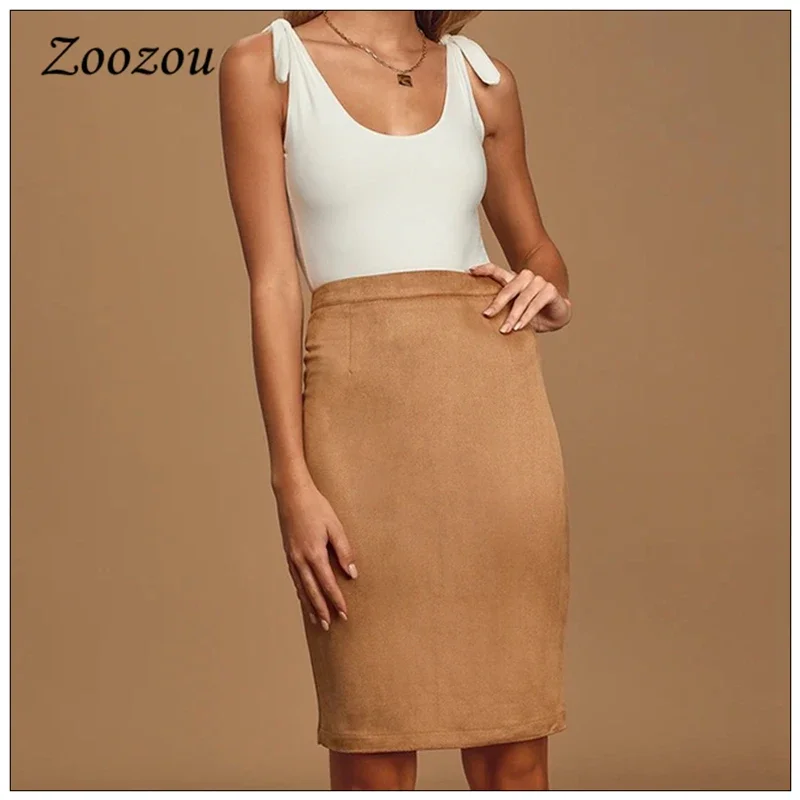 2023 Fashion Elegant Slim Suede Leather Skirts Vintage Suedette Knee Length Office Ladies Bodycon Pencil Skirt Plus Size Custom