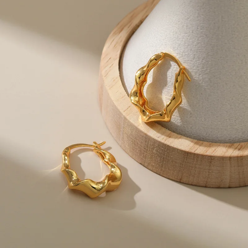 Trending S925 Sterling Silver Irregular Hoop Earrings for Women, 18K Gold Plated Minimalist New Design Fine Jewelry Gift