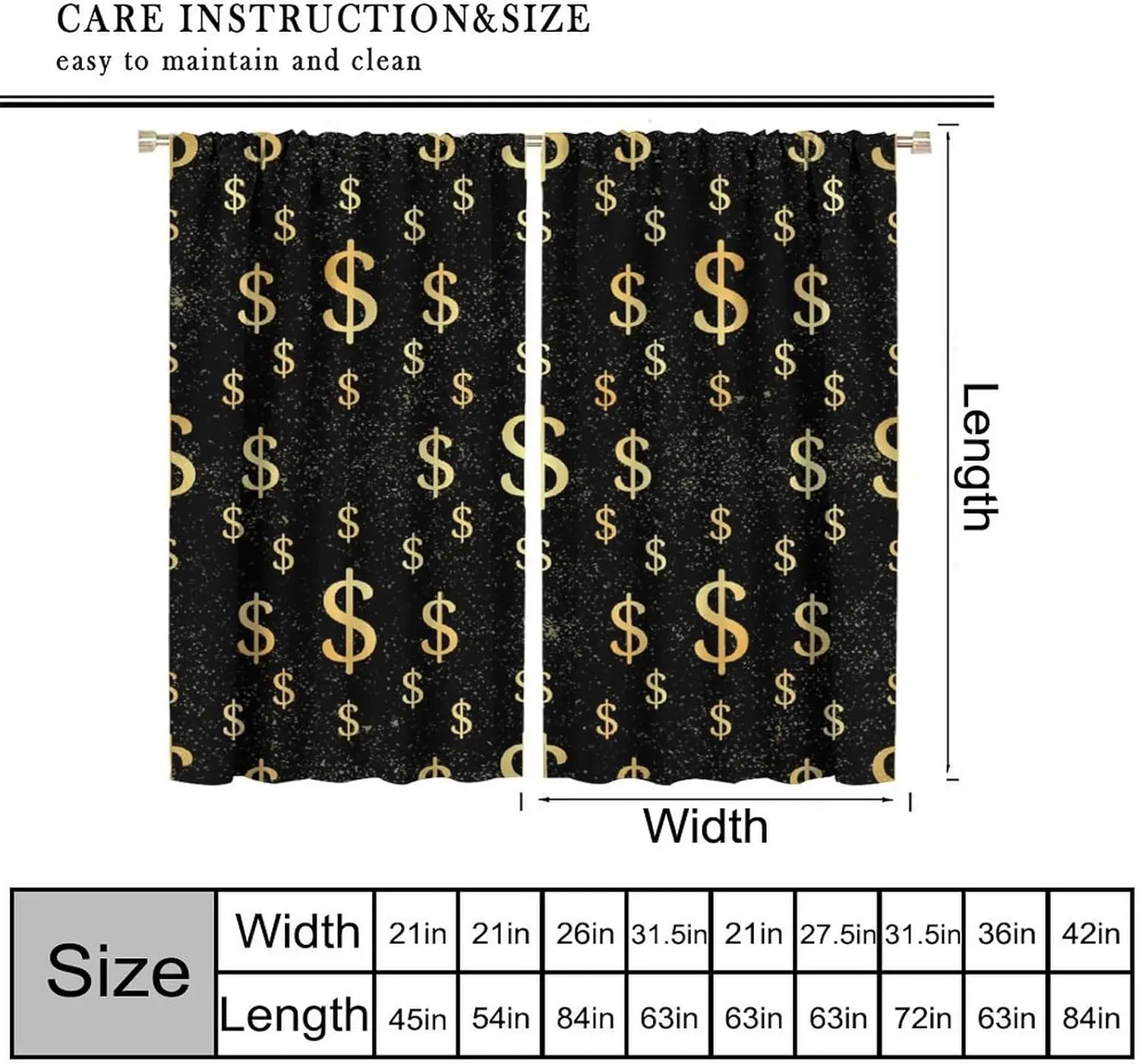 Luxurious Dollar Sign Curtains Gold Money Pattern Decorative Window Curtain Panels Black Background Home Decor Drapery