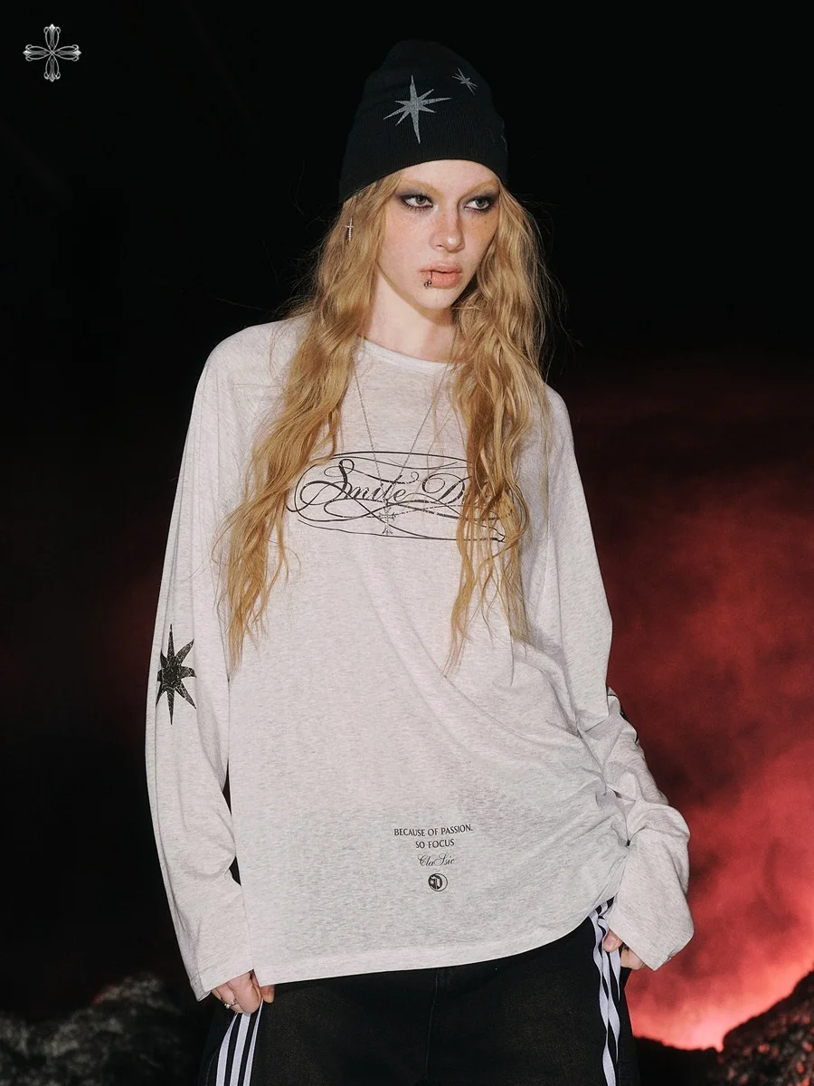 

Smile Ddd Moonstone See-tough Loose Long Sve Street Sle Hot Girl Dancing Jazz Dance Versatile Top Women's T-irt