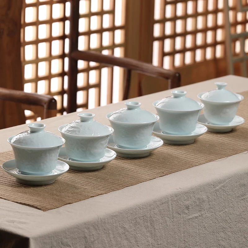 Guanfu Museum: Song Feng Hua Su Skin Jade Bone Misty Blue Series Tureen Tea Set Jingdezhen Bluish-White Glaze Porcelain Kombucha