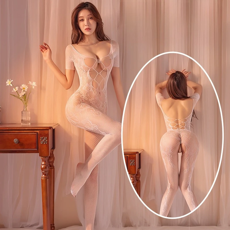 

Hollow Sexy Catsuit Sexy Crotchless Lingerie Baby Doll Dresses Women's Erotic Clothing Open Crotch Pajamas Deep V Lace Lingerie