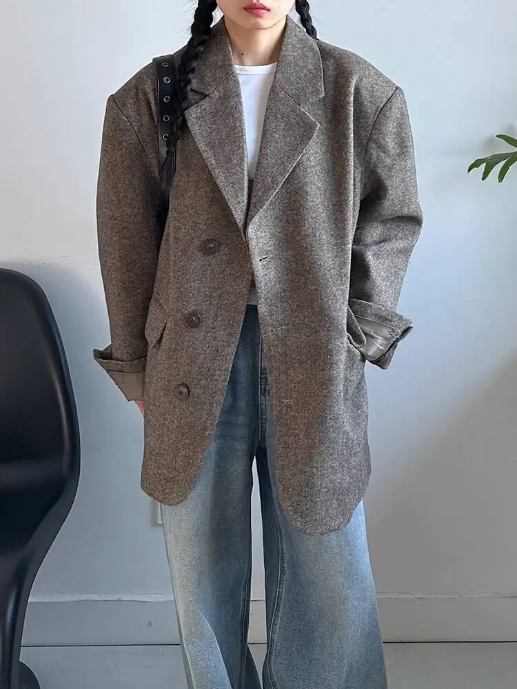 HUISONG 30% الصوف خمر المال القديم نمط مبطن الكتف المعتاد السترة المرأة الجديدة فضفاضة رداء غير رسمية الكورية الخريف الشتاء jigggl