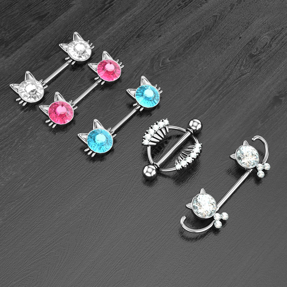 2pcs Cute Cat Zircon CZs Nipple Piercings Barbell for Women 14G Rabbit Dolphin Wing Nipple Shield Cover Bar Nipple Ring Jewelry