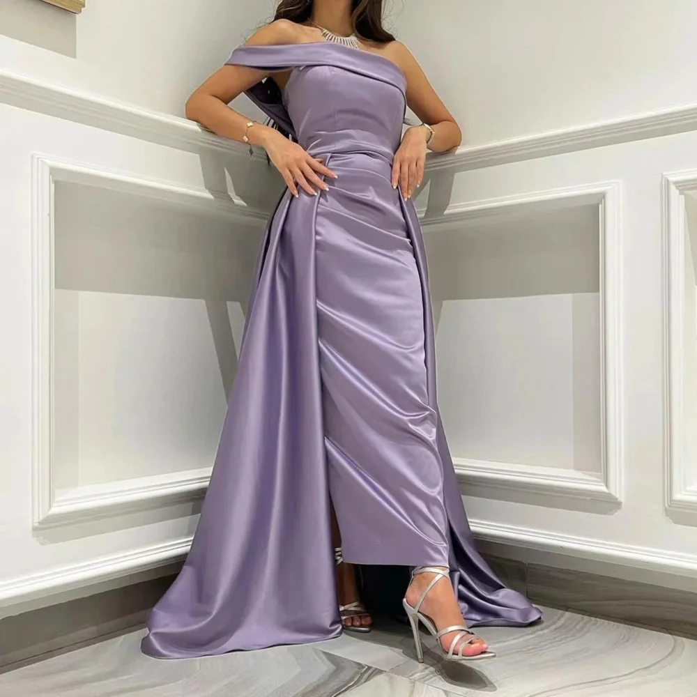 

Classy Long Purple Off the Shoulder Satin Evening Dresses Sleeveless Sheath Ankle Length Sweep Train 이브닝 드레스