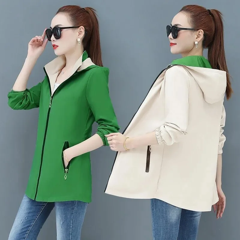 

Double- Sided Trench Coat Womens 2024 Spring Autumn Korean New Hooded Casual Windbreaker Jacket Female Slim Outerwear Tops