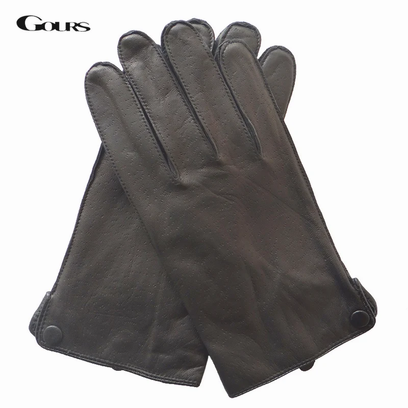 GOURS-luvas de couro de cabra genuínas para homens, preto, forro velo, quente, moda dirigindo, botão, nova chegada, inverno, GSM048