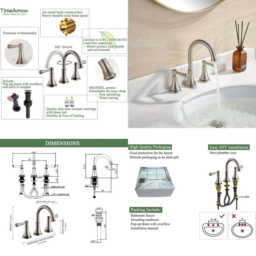 

8 Inch Widespread Sink Faucet with Swivel Spout, Brushed Nickel Finish, High Arc Design, 3-Hole Installation