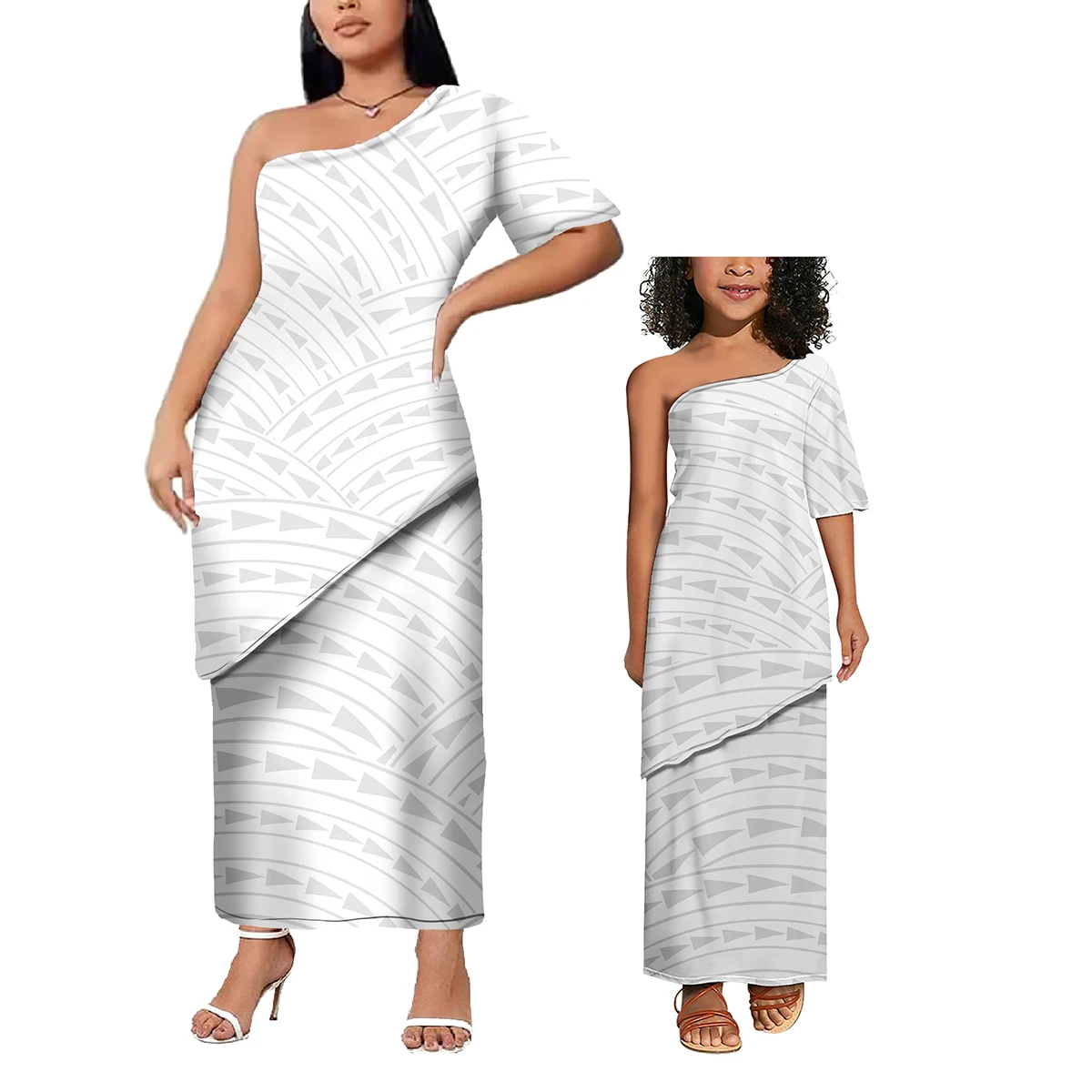 White Puletasi Sexy Ladies Long Dress Prom Party Elegant Polynesian Family Set Cute Kid Girls 2pcs Dress Set Samoan Dress