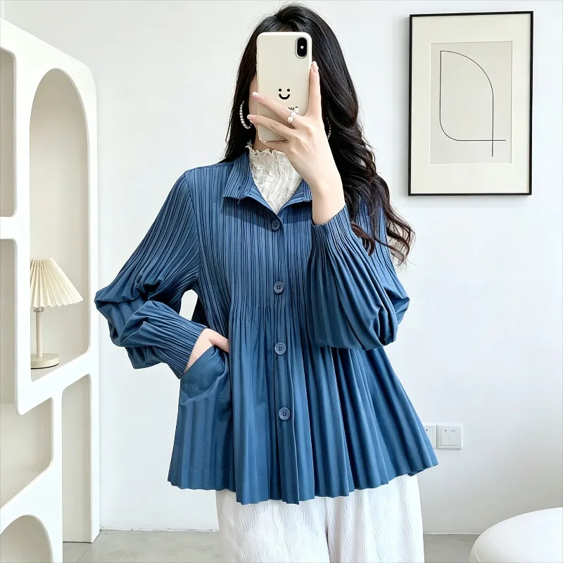 Miyake Pleated Short Trench Coat 2026 Autumn New Simple Casual Fashion Long Sleeve Stand Collar Single-Breasted Women's Jacket