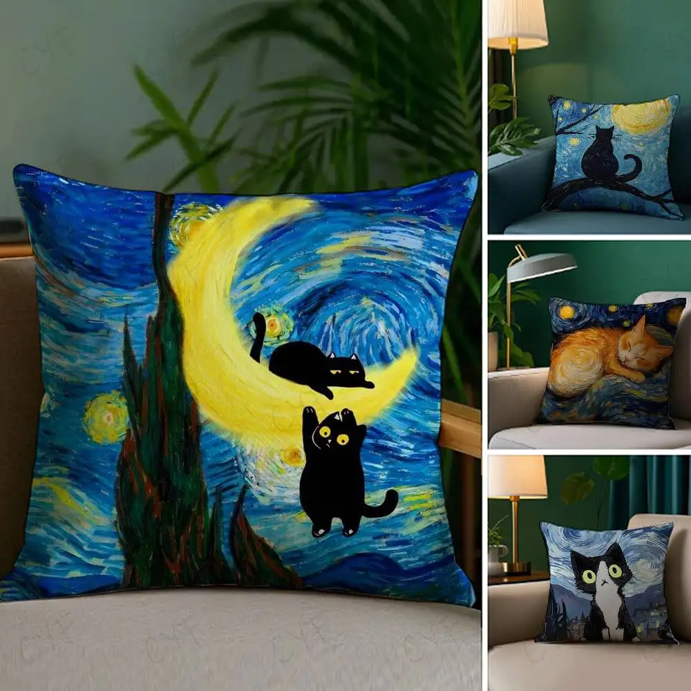 

Van Gogh Starry Sky Kawaii Cat Pillow Case Custom Printed Brushed Fleece Pillow, Baby Skin-Touch, Eco-Friendly Dye-Sublimation C