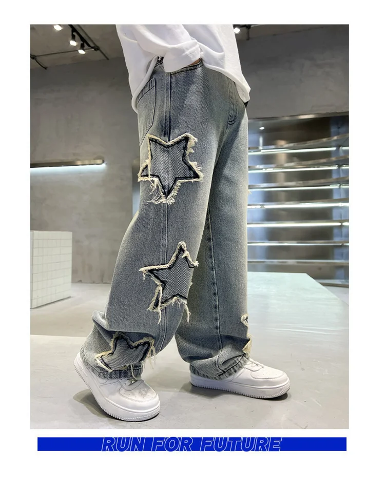 Koreanische Kinder-Jungen-Freizeitjeans mit Fünf-Punkt-Stern-Print, Denim-Hosen für Kinder, Bestseller, Jeans mit elastischem Bund, für Kinder von 5 bis 14 Jahren – Detail 3