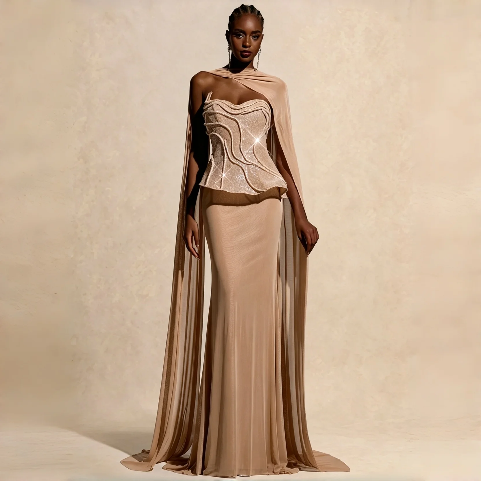 Nude Strapless Wavy Peplum Corset Mermaid Prom Dress Long Sheer Chiffon Cape Train Floor Length Formal Evening Maxi Gown