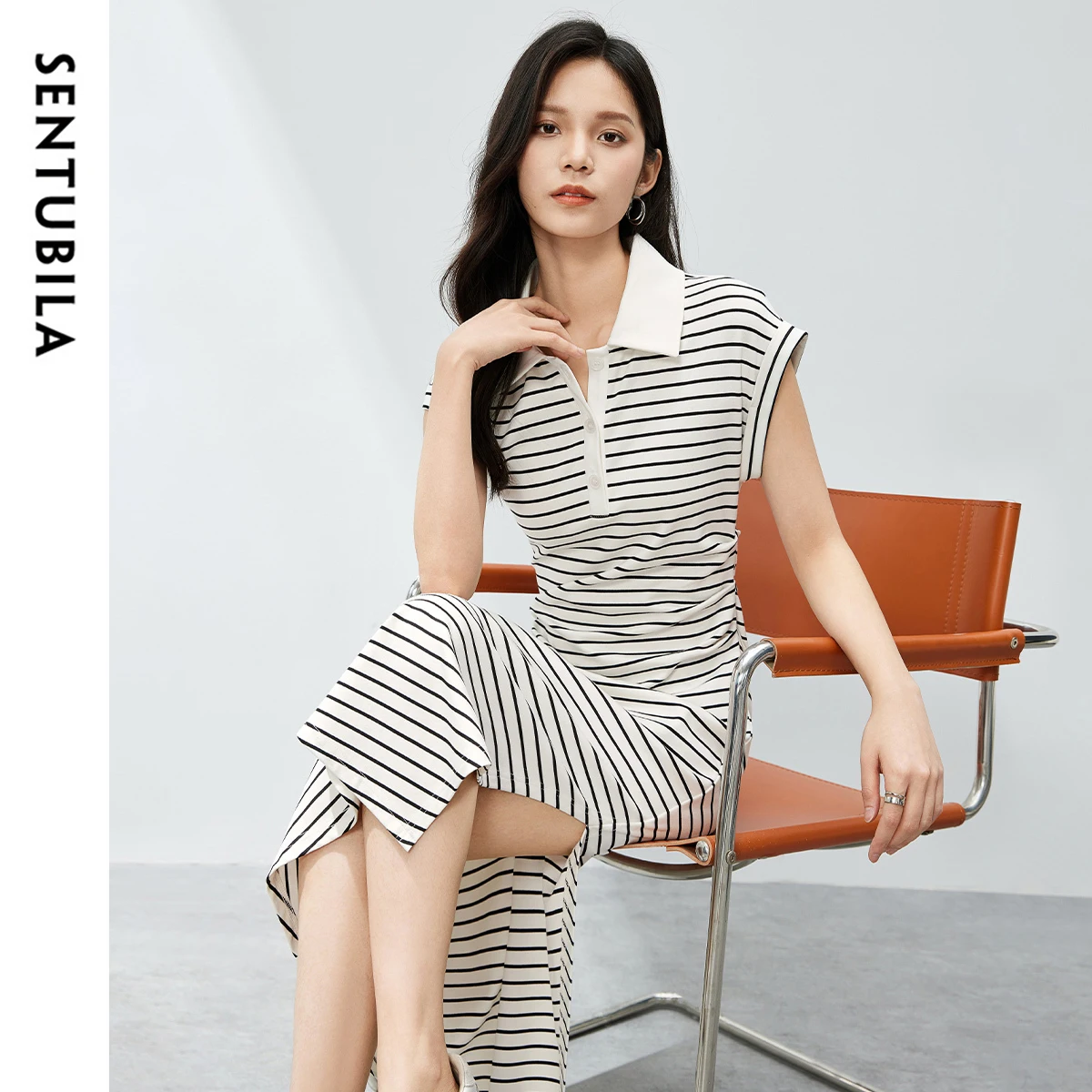 

SENTUBILA White Striped Polo Collar Dress For Women Casual Summer Dresses Short Sleeved A-Line Knitted Skirt Female 142L54716