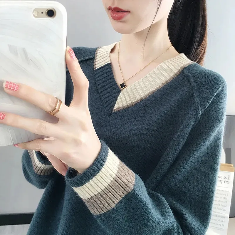 

Loose Slimming V-neck Sweater Autumn and Winter Korean Style Women's Pullover Knitted Bottoming Top