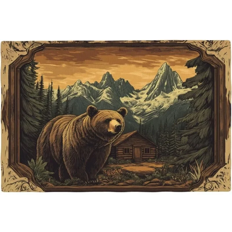 Cabin Style Bear Forest Elements Rustic Hunting Wildlife Heat-Resistant Linen Placemats Dining Table Kitchen Holiday Decoration