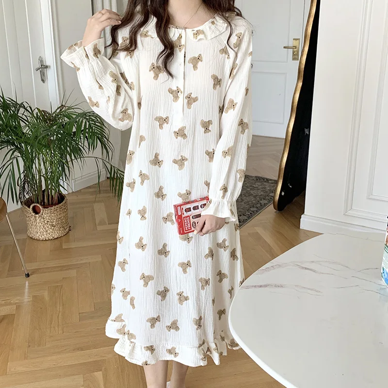 Bear Cartoon Print Summer Nightgown Korean Soft Cotton Long Sleepwear Short Sleeve Ruffles Nightdress Buttons Kawaii Homewear