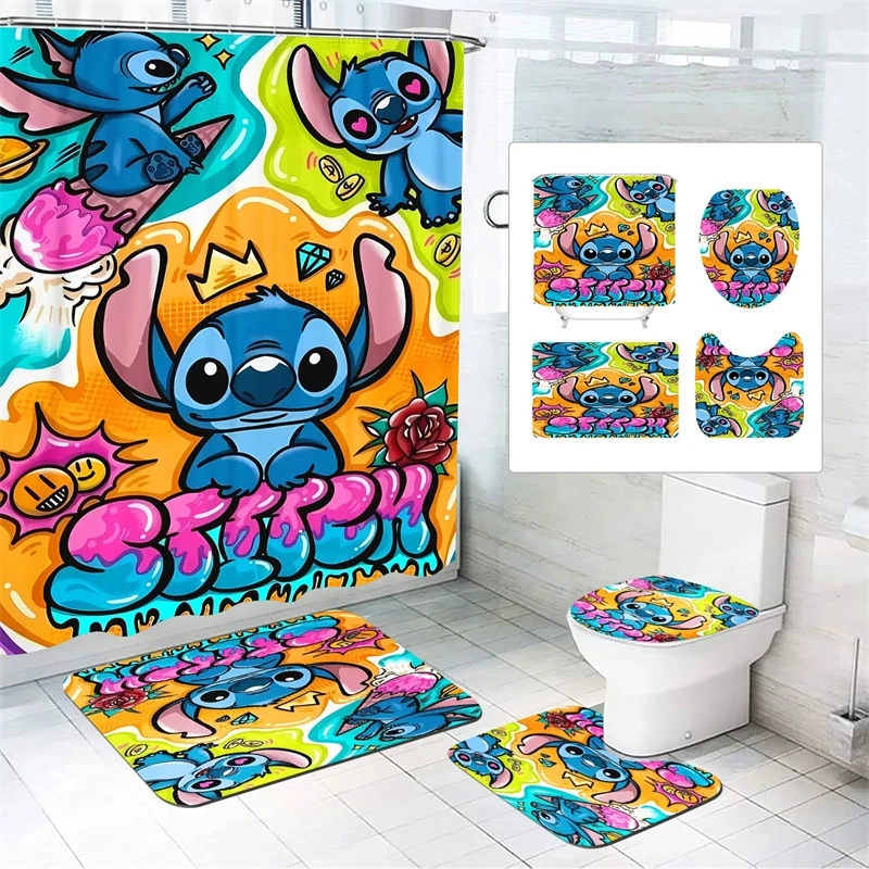 Stitch Shower Curtain Waterproof and Splash-proof 4-piece Set Cute Cartoon Floor Protection Perfect Gift for Children