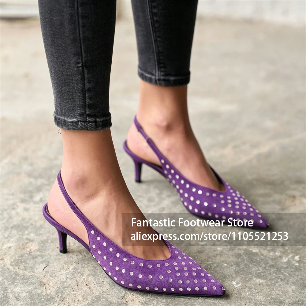 

All Over Studded Pointed Toe Slingback pumps Sexy Style Satin Crystal High Heels Designer elasticated stiletto heels for women