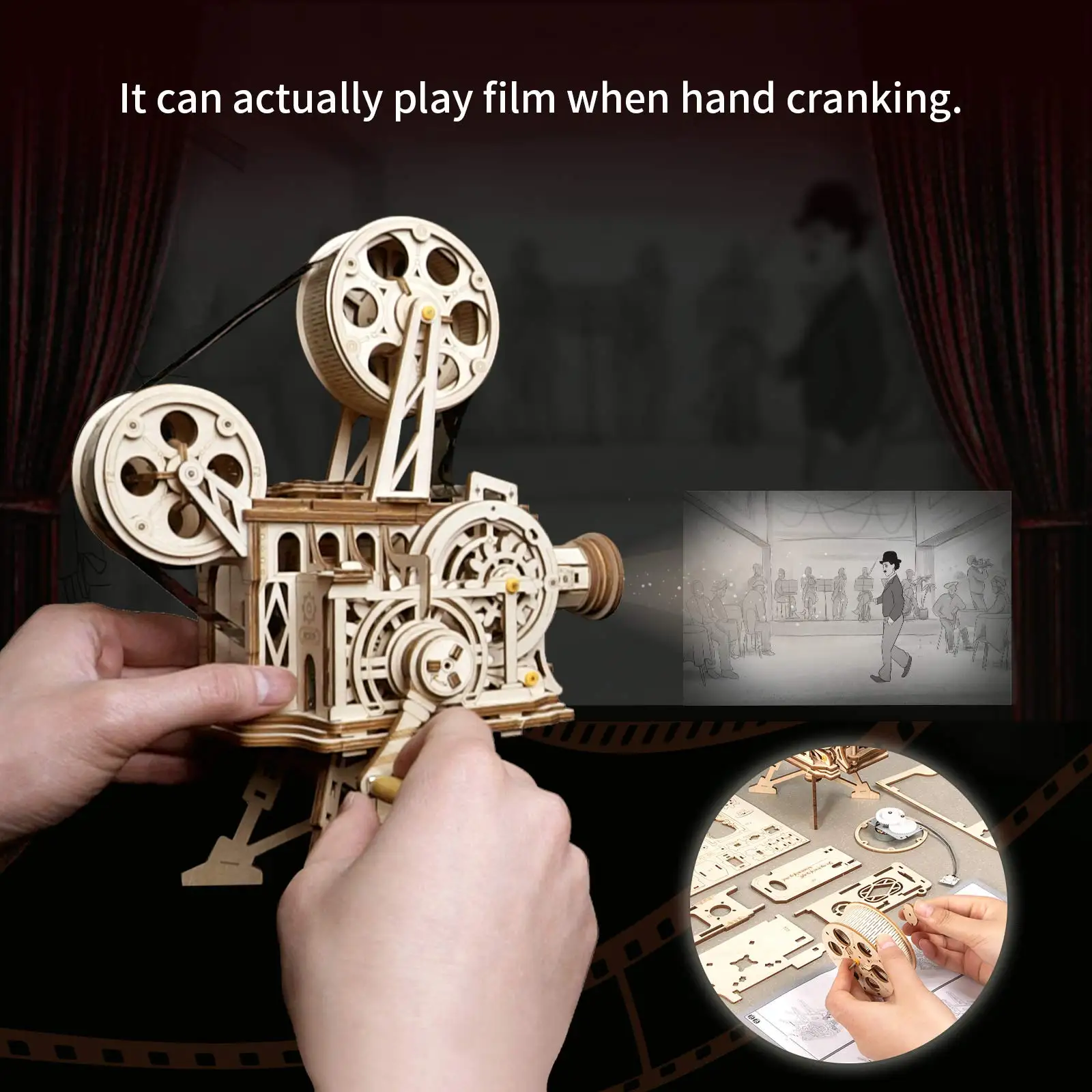 Robotime 183pcs Retro Diy 3D Hand Crank Film Projector Wooden Model Building Kits Assembly Vitascope Toy Gift for Children Adult