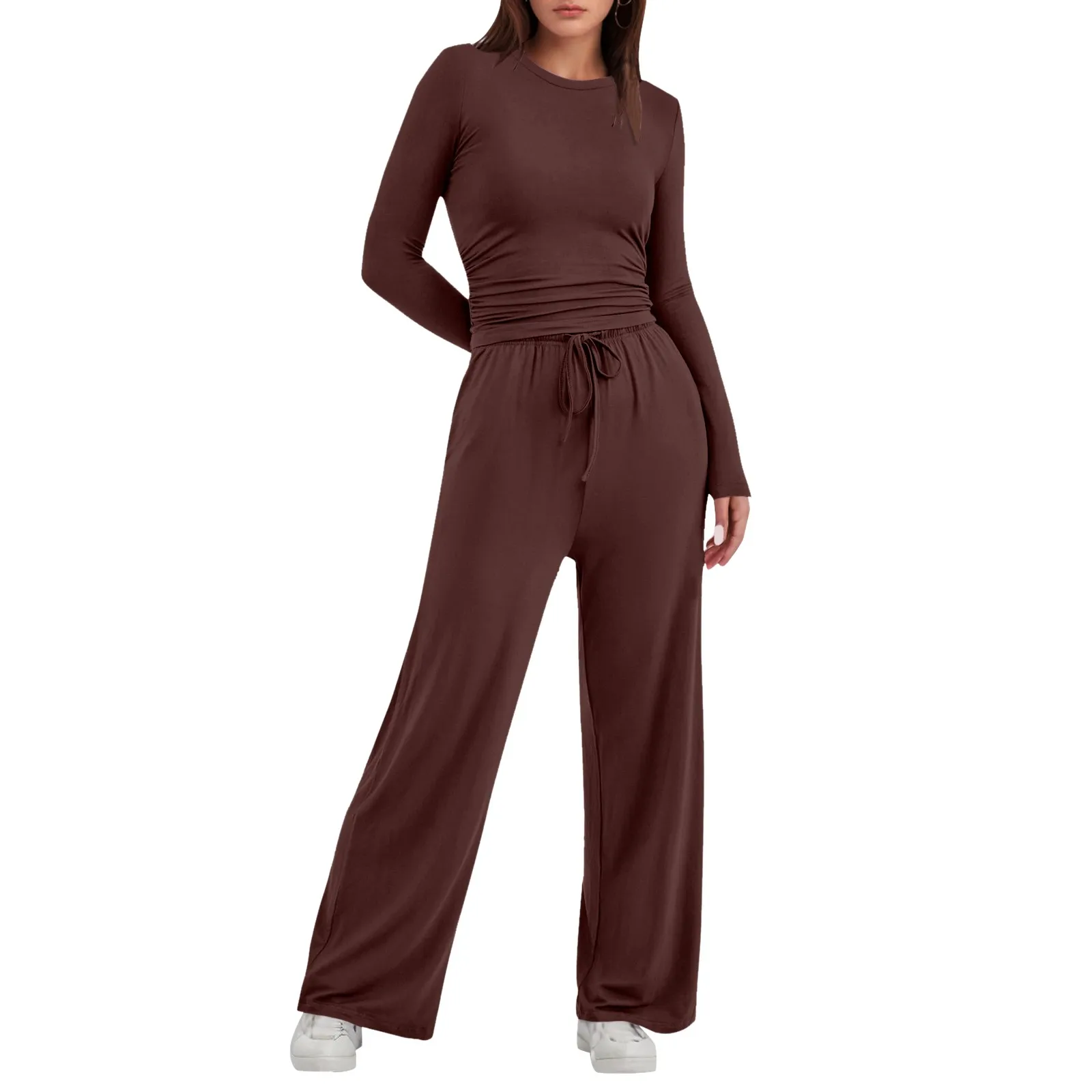 

Women's Fall Wear Two Piece Outfits Tracksuit Solid Color Round Neck Long Sleeve Tee Shirts Crop Tops And Wide Leg Pants Sets