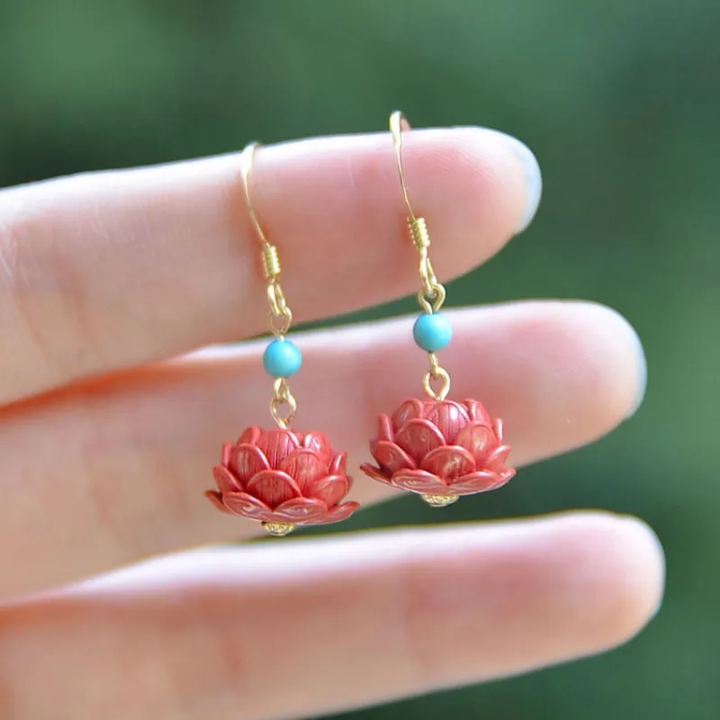 

Chinese Style 925 Silver Emperor Cinnabar Lotus Flower Women's Earrings with Retro Quality Jewelry Gift