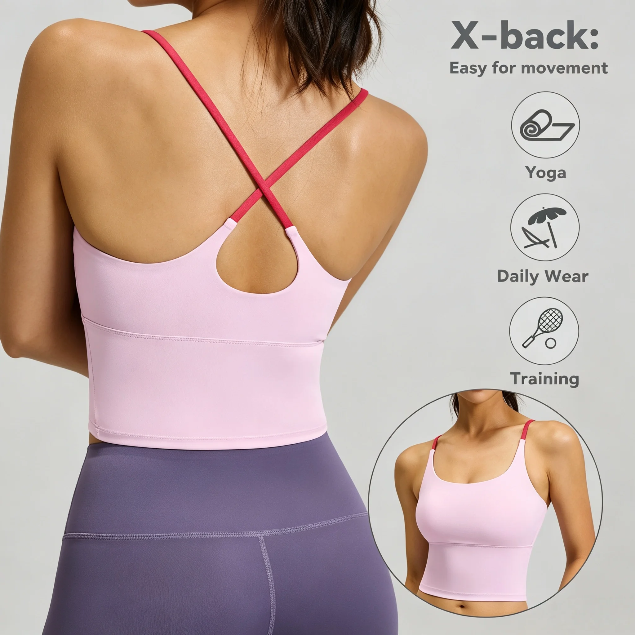 Women Cross Back Sports Bra Removable Pads, Thin Strap Breathable Yoga Top, Gym Running Daily Casual, Machine Wash Athletic Tank