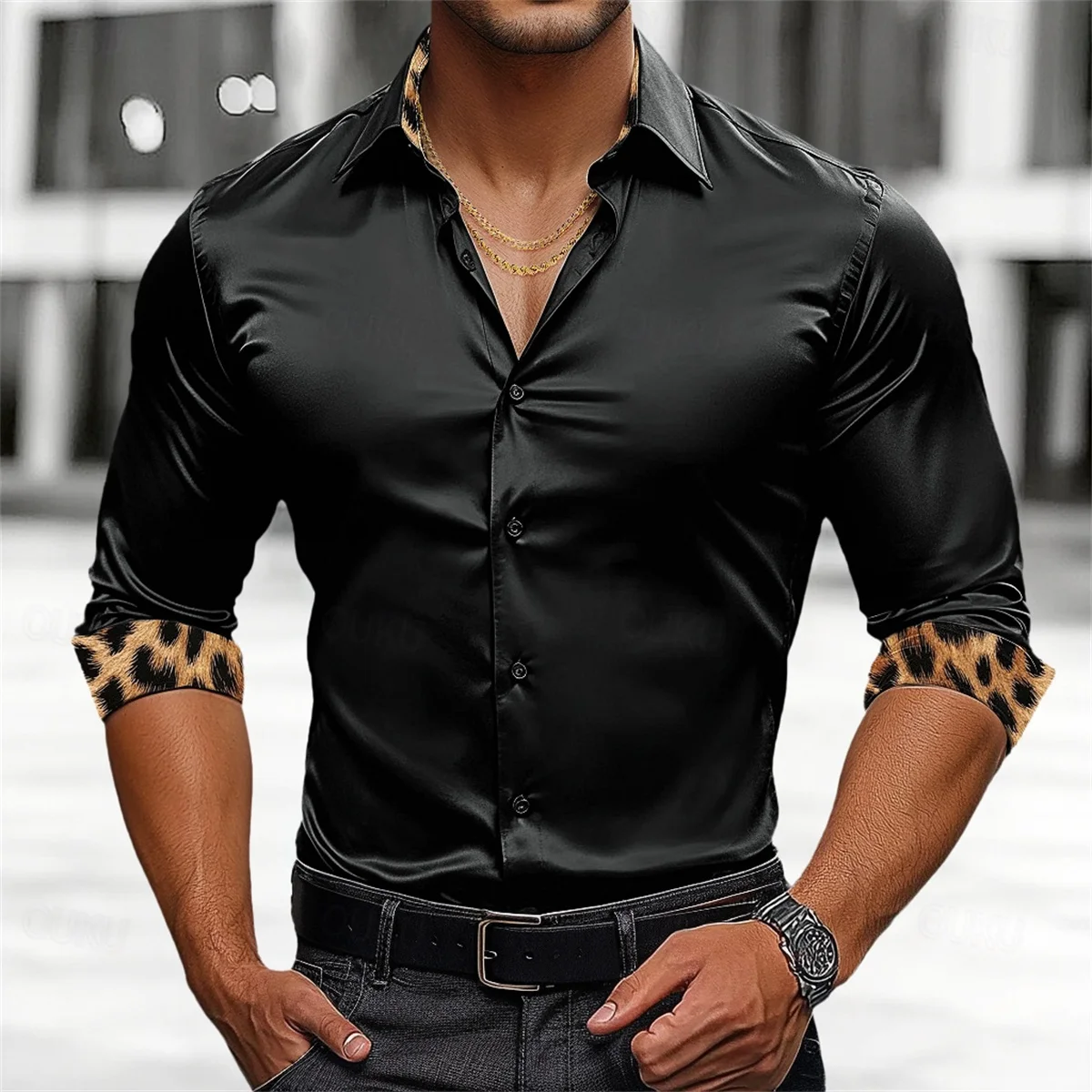 Men's casual and comfortable shirt, leopard print long sleeved shirt, daily vacation wear, lapel men's clothing, oversized