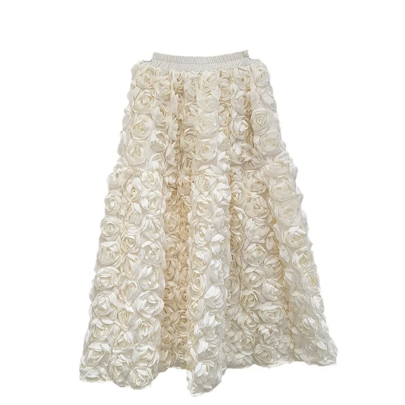 2026 New French 3D Flower Skirt Women High Waist Big Swing A-Line Long Skirt Stylish Niche Designer Half Dresses