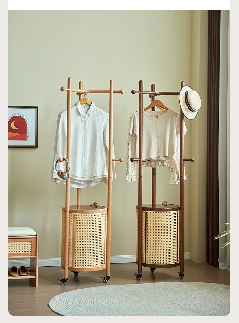 Wood Commune Solid Wood Coat Rack Household Round Removable Hanger Beech Rattan Dirty Clothes Basket Floor Hanging Hanger