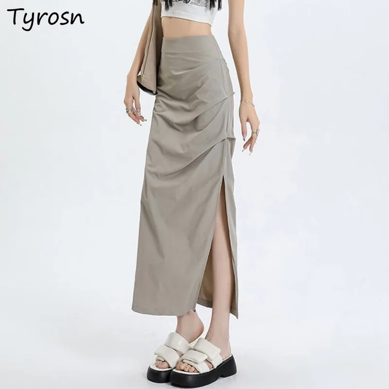 

Solid Skirts for Women Side-slit Design Mid-calf Simple High Street Hip-covering Sexy Girls Casual Summer Clothing Folds Niche