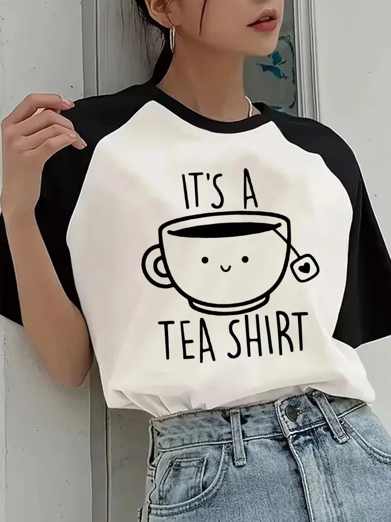 Koreanischer Stil T-Shirts Tops 90er Jahre Lässiger Rundhalsausschnitt Kurzarm T-Shirt Damen Grafik-T-Shirt mit 'It's A Tea' Aufdruck Kleidung