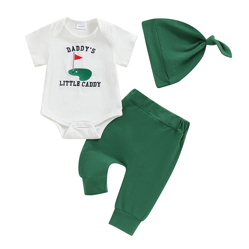 

Baby Boys 3Pcs Golf Outfits Short Sleeve Embroidery Romper Pants Hat Set Newborn Clothes