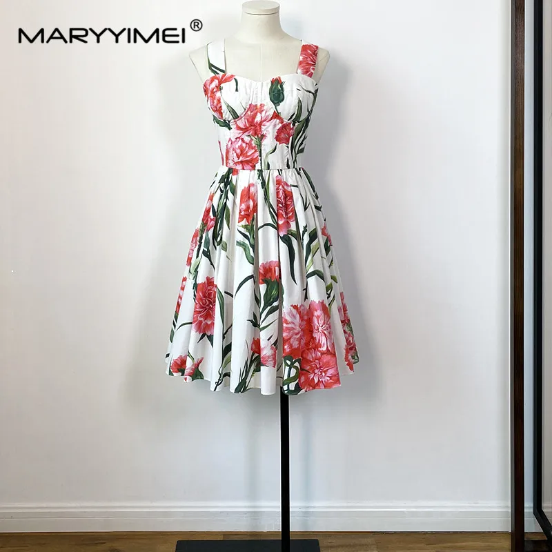 Imagem -03 - Maryyimei Verão Mulheres Vestido de Algodão Spaghetti Strap Cravo Floral-print Cintura Alta Popeline Vestidos de Algodão Elegantes