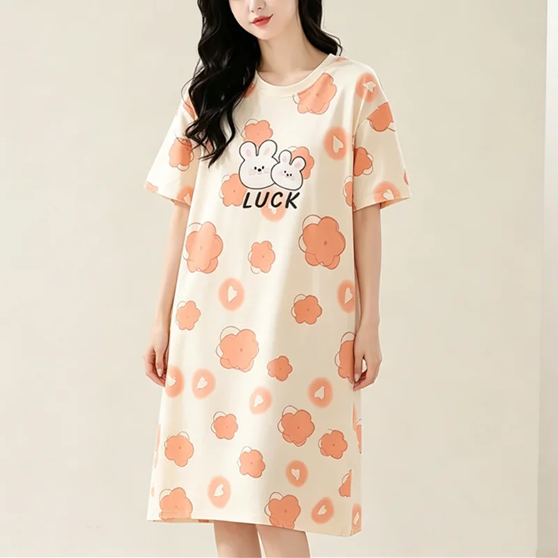 Women Large Size Pajamas Short-Sleeved Nightgown LUCK Long Student Robe Rabbitlong Skirt Loungewear Girl Dress Cute pajama dress