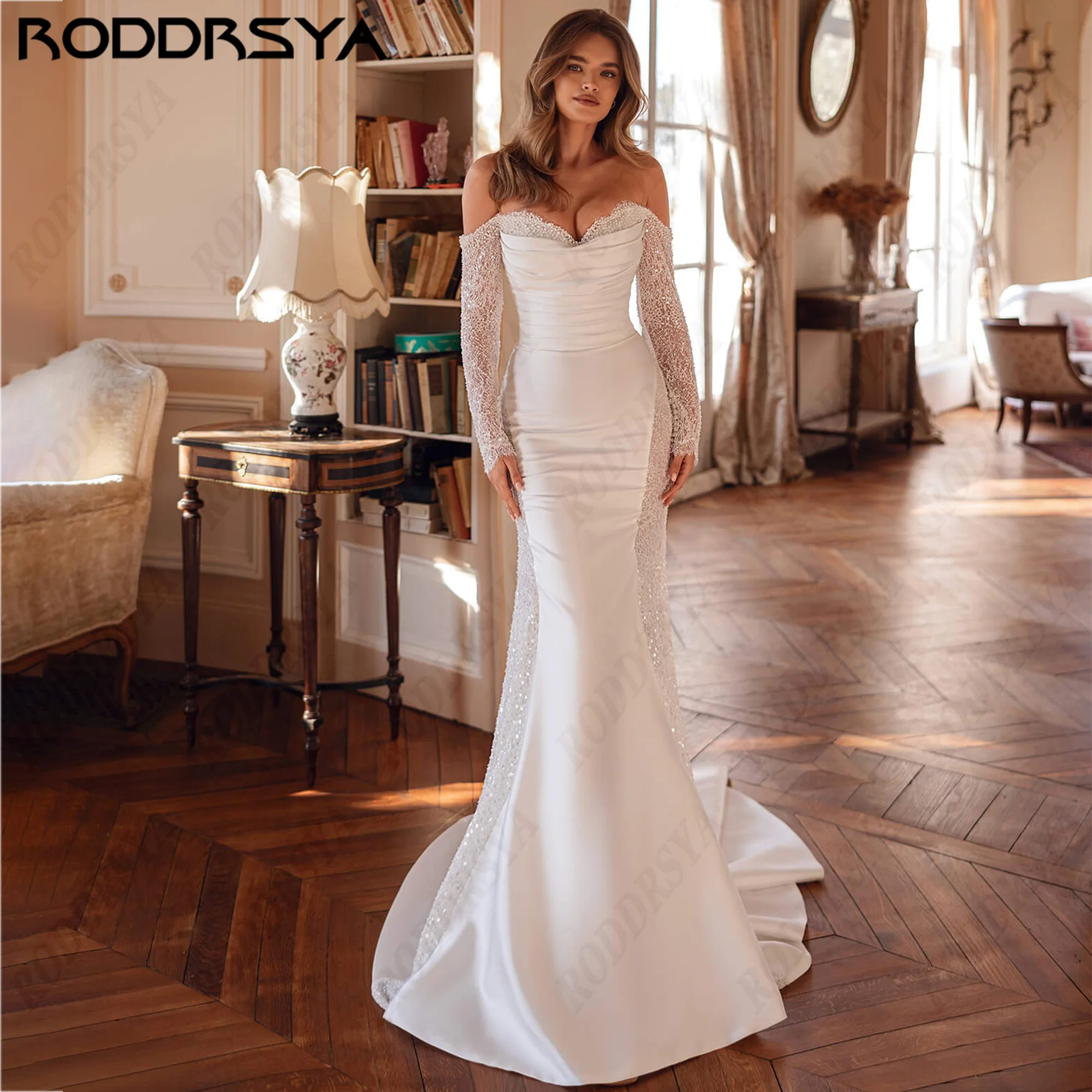 RODDRSYA Off Shoulder Satin Mermaid Wedding Dress Long Sleeve Sequin Lace Bridal Gowns Court Train Bride Dress For Women 2027