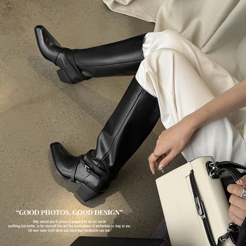 2026 new autumn winter women knee-high boots 22-25cm split leather+fabric+pigskin square toe high heel women long boots fashion