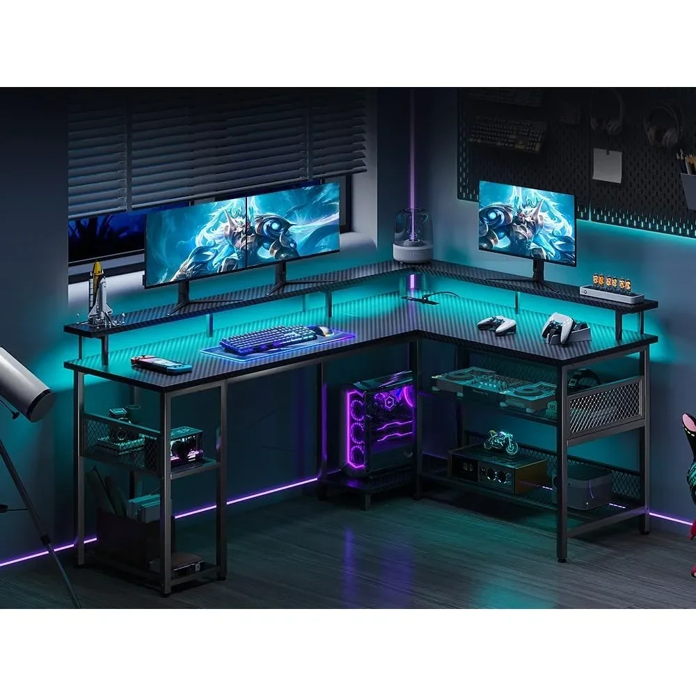 59" L Shaped Gaming Desk with Power Outlet and LED Lights, PC Gaming Table with USB Ports, Reversible L Shape Desk