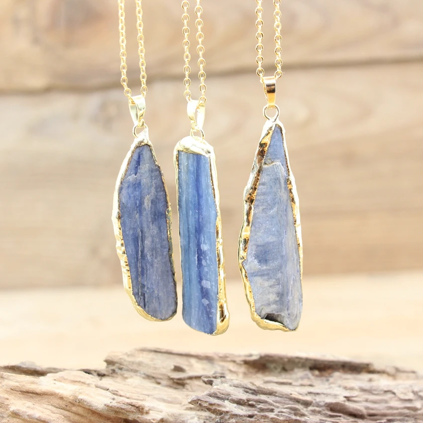 

Raw Kyanite Slice Pendants Gold Color Chains,Natural Blue Quartz Stone Stick Slab Charms Necklaces Women Boho Jewelry,QC3256