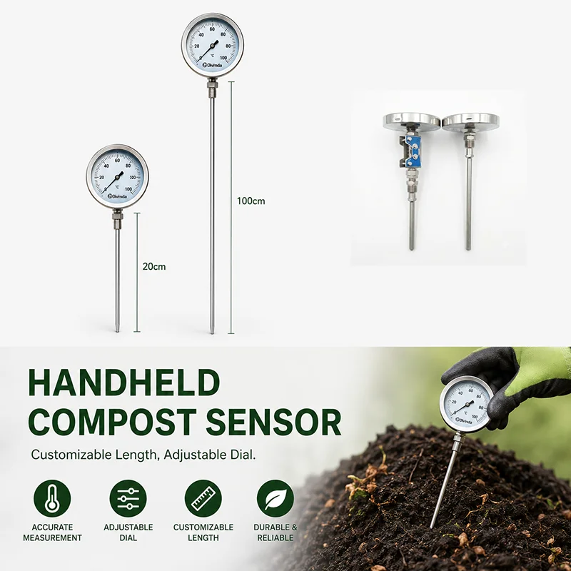 Handheld Compost Temperature Sensor PT100 Thermal Resistance Stainless Steel Digital Thermometer for Agriculture Monitoring