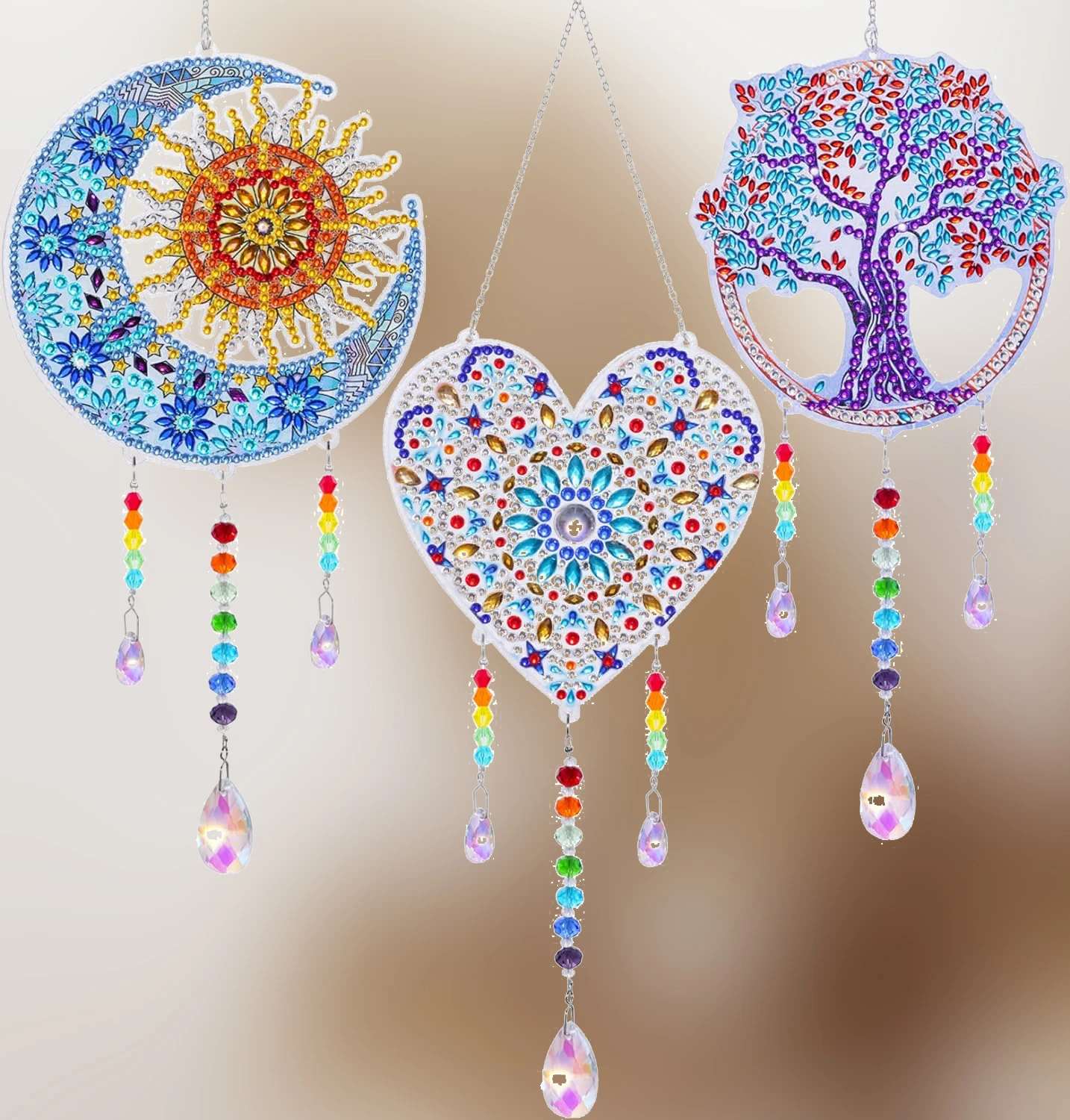 1 Piece DIY Acrylic Crystal Diamond Painting Wind Chimes - Double-Sided Super Flash Sun Moon Heart Tree Patterns