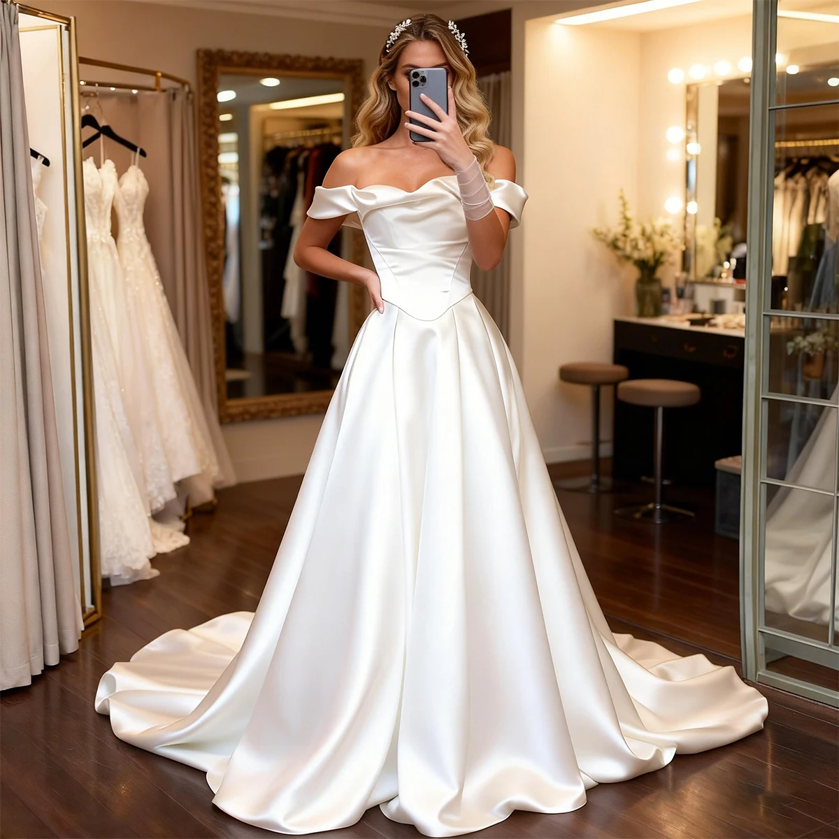 

Simple Pleated Long Off Shoulder Wedding Dress A Line Ball Gown For Bride Vestidos Novia Satin Long Bridal Gown With Train