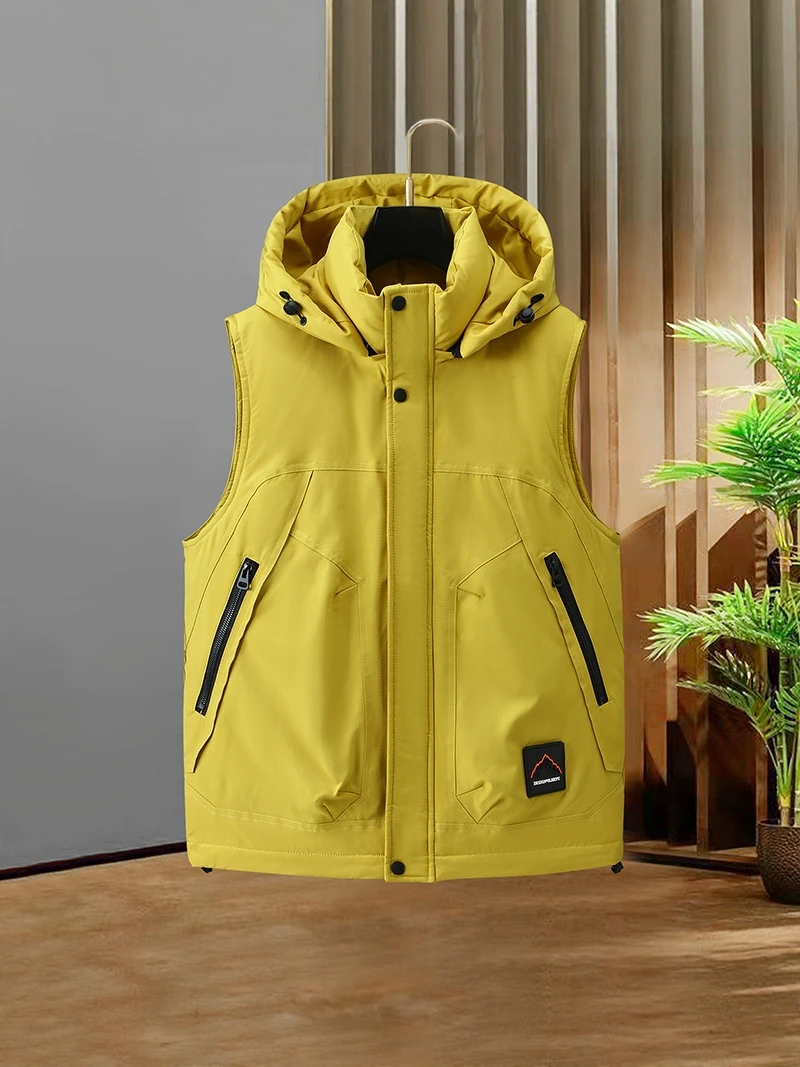 

Autumn Winter Hooded Cotton Vest For Men Windproof Sleeveless Warm Jacket American Casual Outdoor Waterproof Thicken Tank Coat