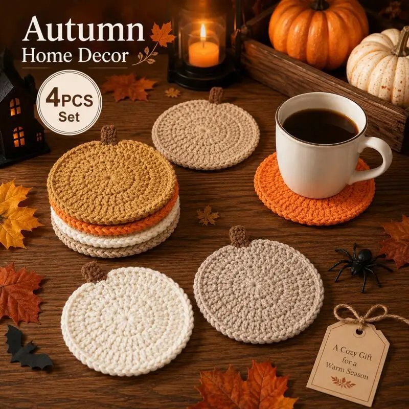 4PCS Crochet Pumpkin Coasters, Halloween Fall Table Decor Knit Cup Mats for Coffee Mugs