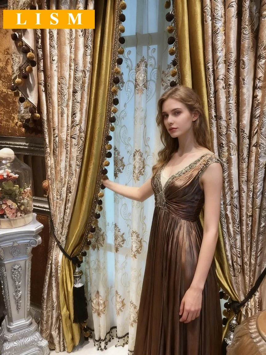 

European Flannel Curtains for Living Room Bedroom Blackout Double Layer Color Matching Decor Custom Valance Embroidery Tulle