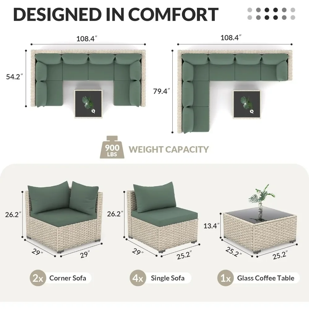 Courtyard furniture set, outdoor rattan modular segmented sofa set of 7 pieces, suitable for porch, garden, backyard, gray/green