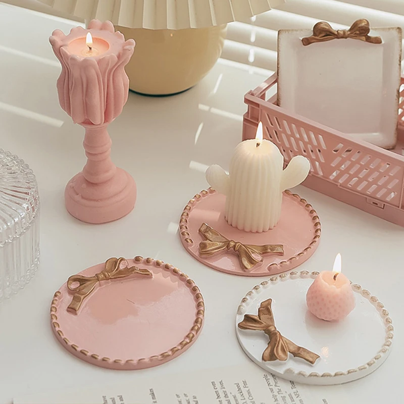 Elegant Bowknot Decor Scented Candle Holder Tray Beautiful Storage Candle Household Supplies  Props Table House Decoration