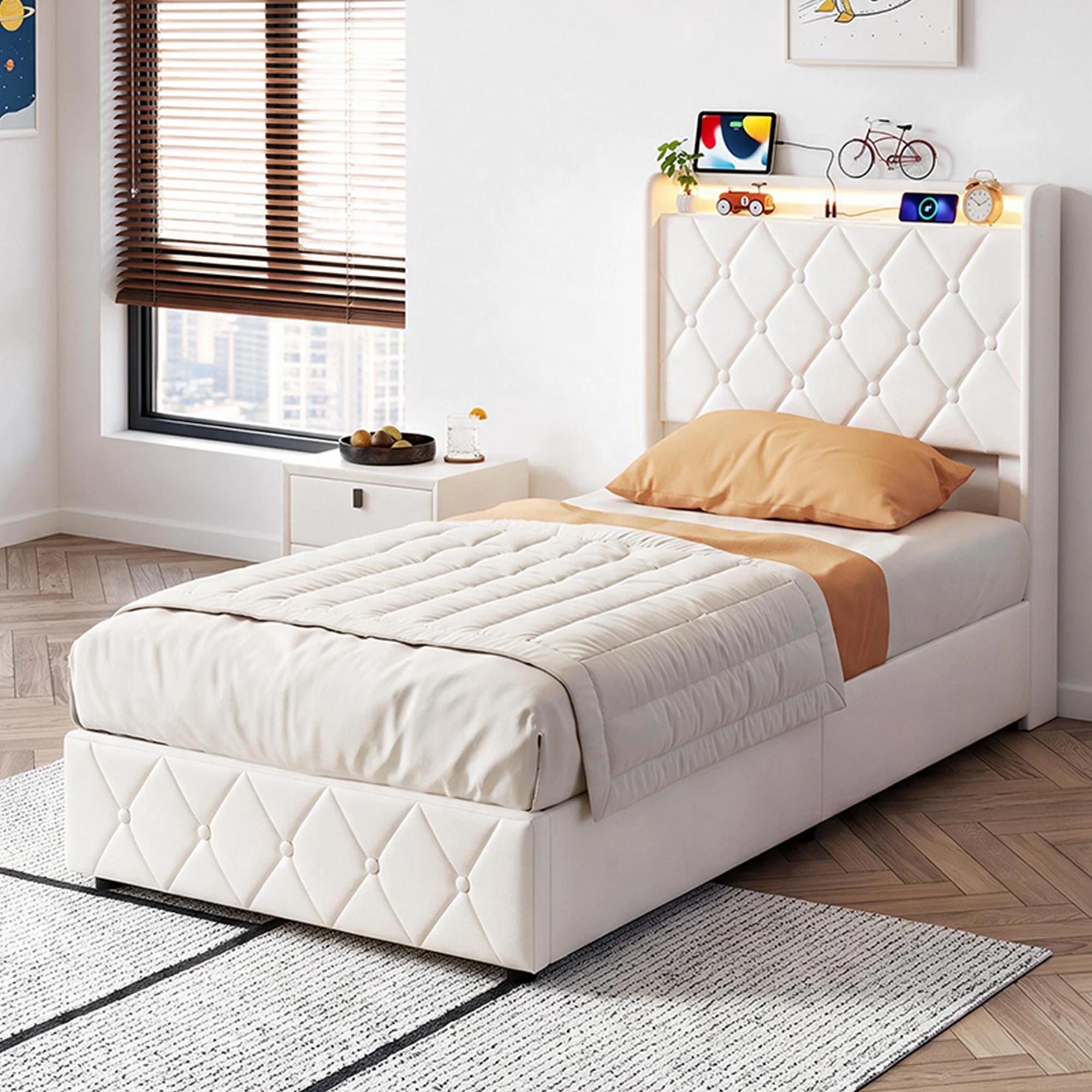 Anajqaqia 90×200cm Polsterbettgestell, Einzelbett mit hydraulischem Lift und Stauraum, mit gestepptem hohem Kopfteil, geeignet für das Schlafzimmer.