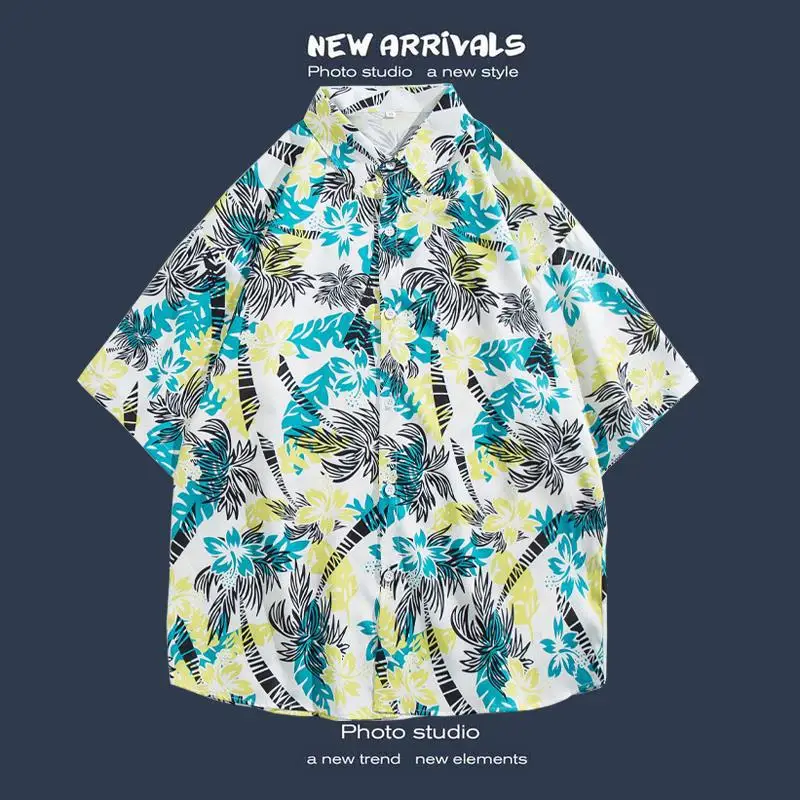 Camisa hawaiana de manga corta con estampado de dibujos animados para hombre, ropa informal holgada para la playa, moda urbana, Verano