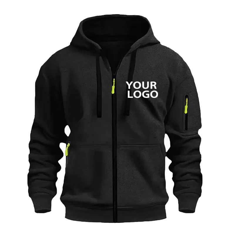 Custom Logo Men's Casual Sports Hoodie Full-Zip Design with Arm Pockets Fashion Outdoor Long Sleeve Sweatshirt
